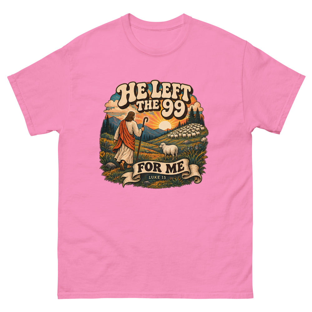 Retro hillside scene of a shepherd and one sheep reading He Left The 99 For Me on a Azalea shirt