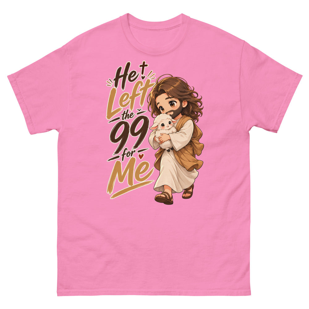 Chibi Jesus carrying a lamb with the words He Left The 99 For Me on a Azalea shirt