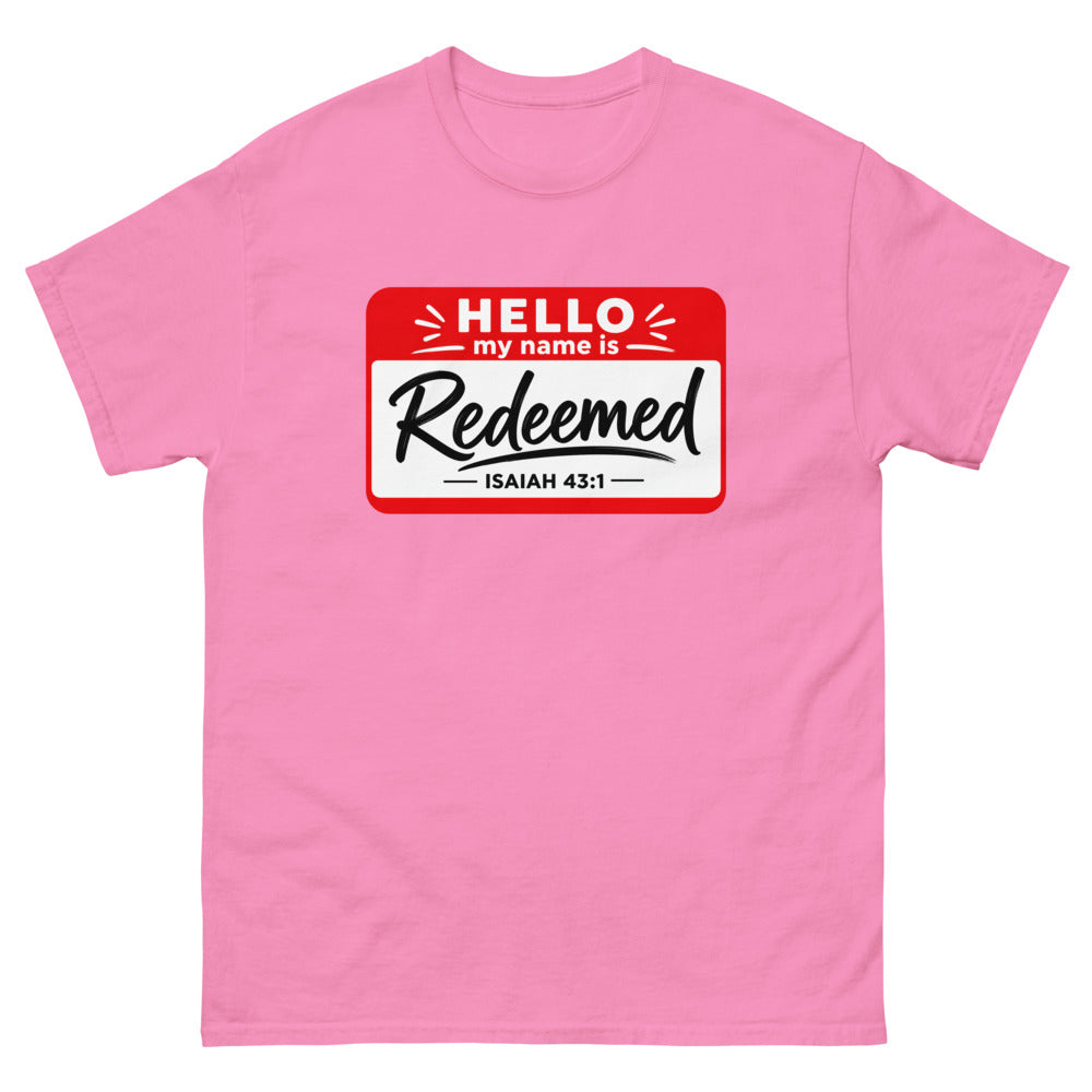 Red and white name badge reading Hello my name is Redeemed, Isaiah 43:1 on a Azalea shirt