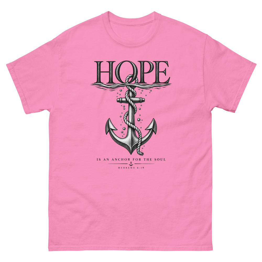 Engraved anchor below the waterline with the words Hope Is An Anchor For The Soul on a Azalea shirt