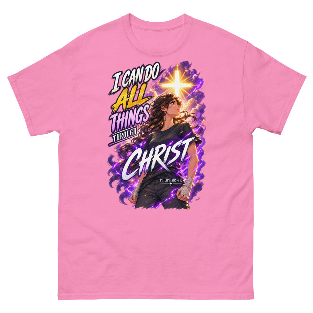 Anime woman under a glowing cross with the words I Can Do All Things Through Christ on a Azalea shirt