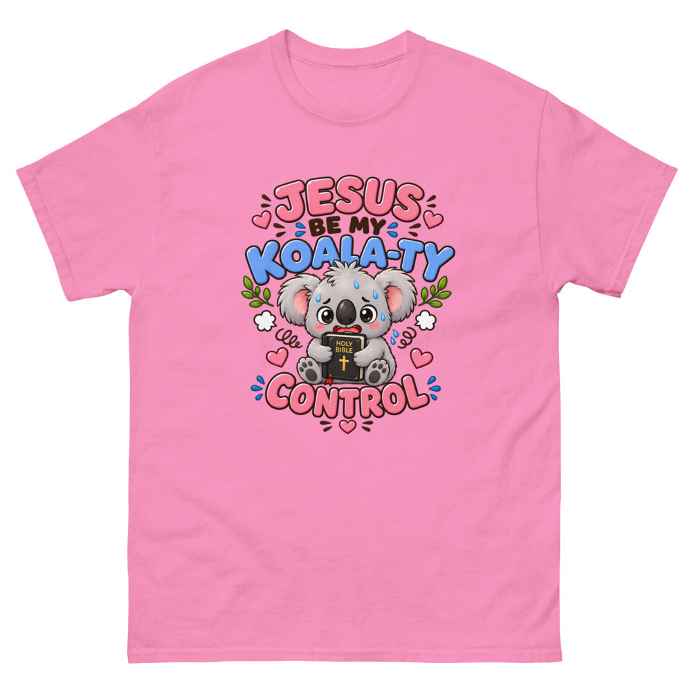 Cartoon koala holding a Bible with the words Jesus Be My Koala-ty Control on a Azalea shirt