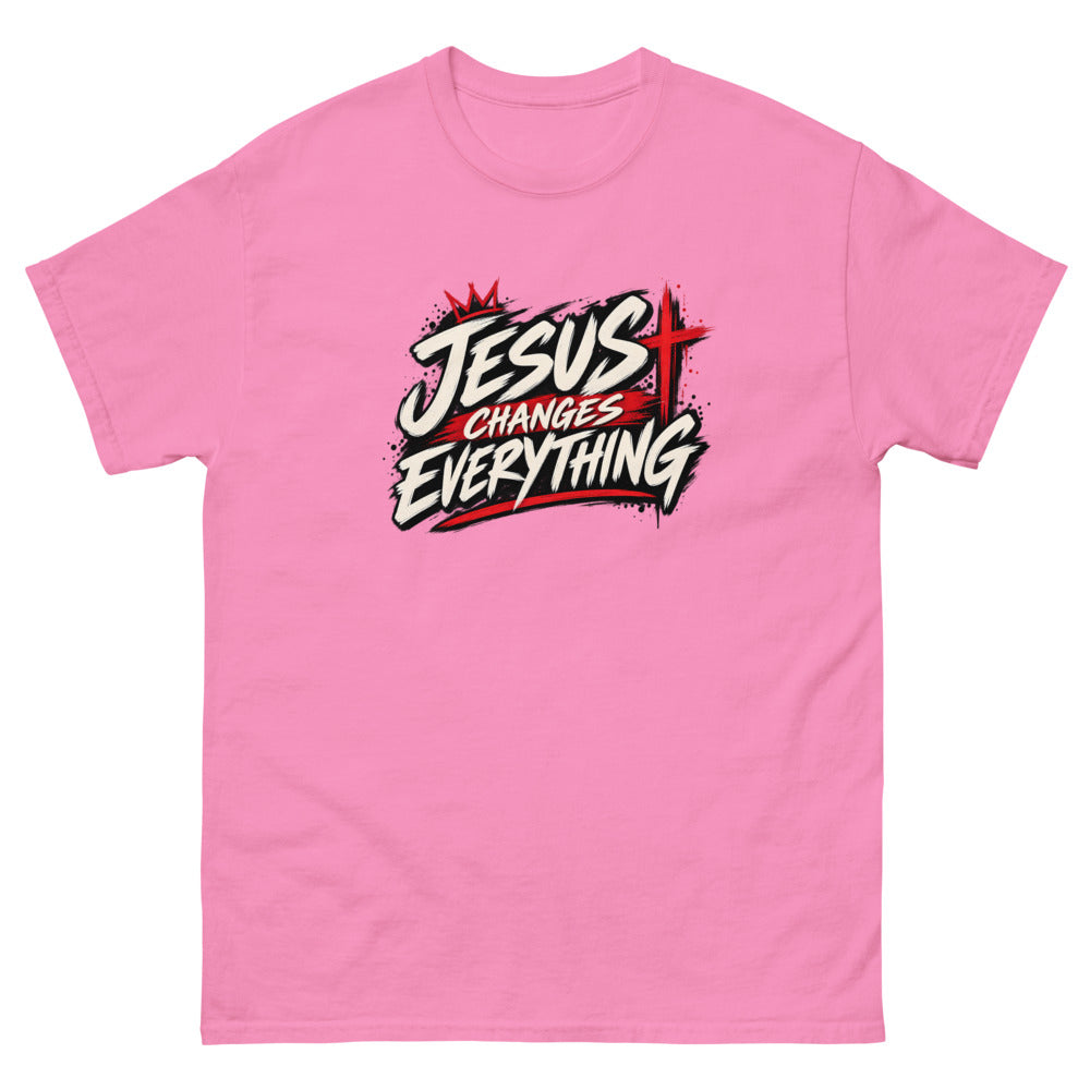 Brush script streetwear graphic with a crown and red cross reading Jesus Changes Everything on a Azalea shirt