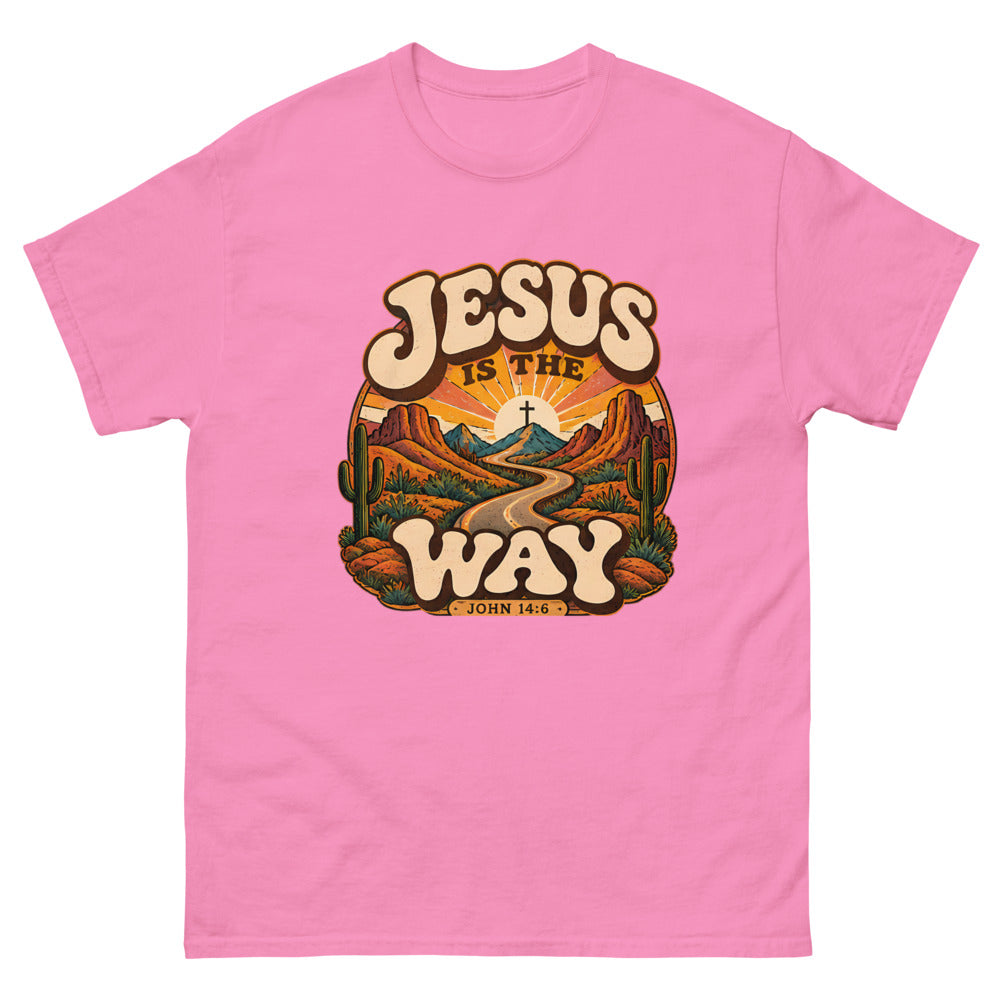 Retro groovy desert badge with a winding road to a cross reading Jesus Is The Way on a Azalea shirt