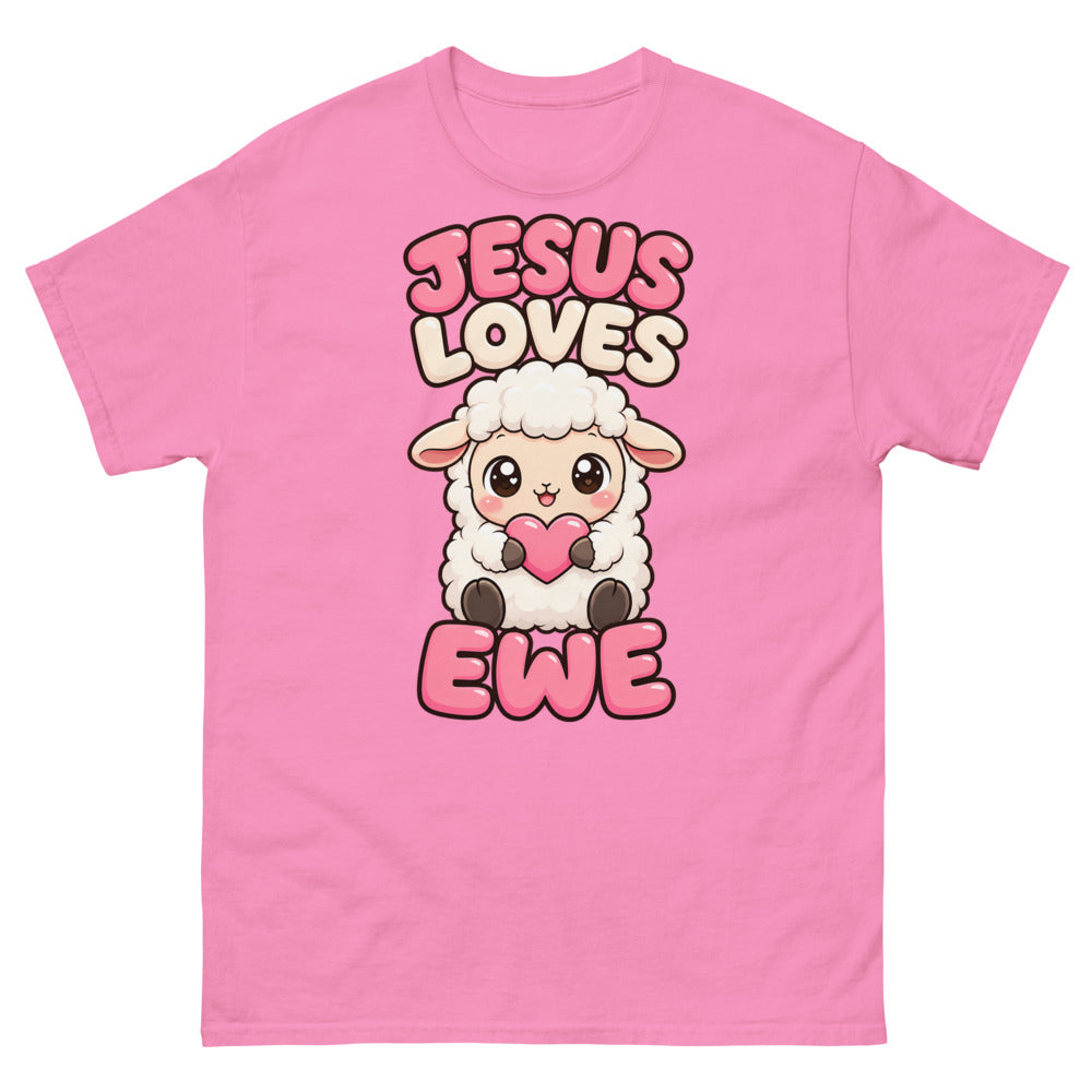 Cartoon lamb holding a heart with the words Jesus Loves Ewe on a Azalea shirt