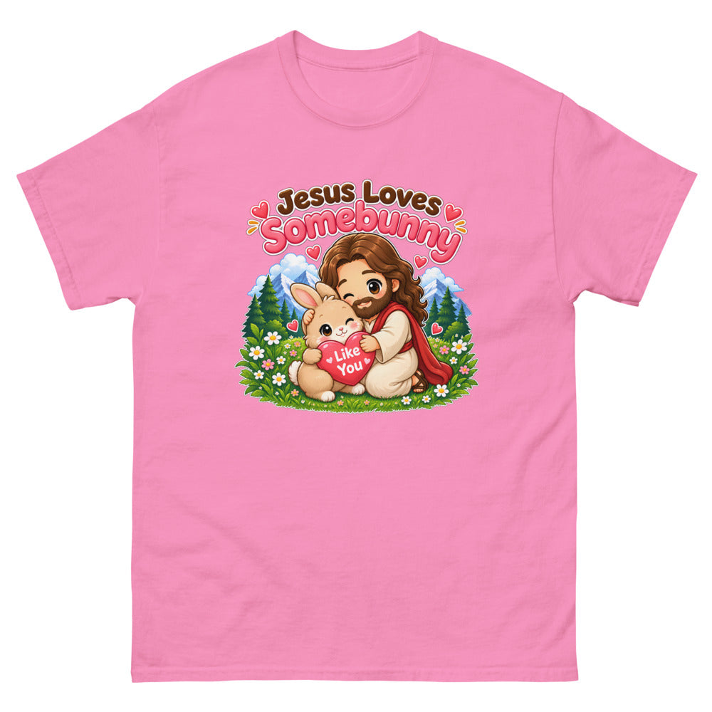Chibi Jesus hugging a bunny holding a heart with the words Jesus Loves Somebunny on a Azalea shirt