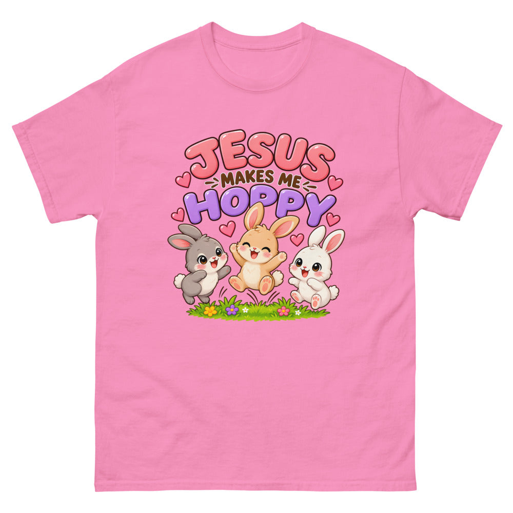 Three cartoon bunnies jumping with the words Jesus Makes Me Hoppy on a Azalea shirt
