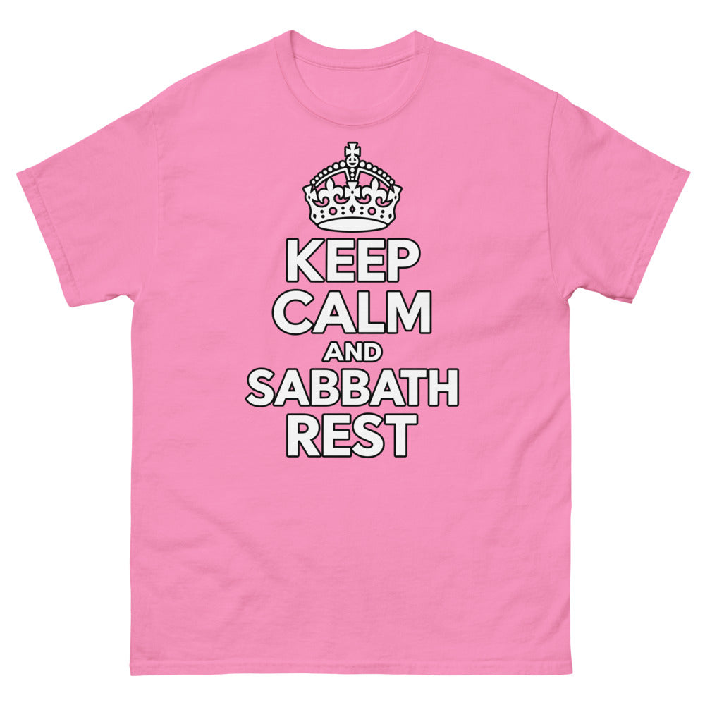 Crown above heavy caps reading Keep Calm And Sabbath Rest on a Azalea shirt