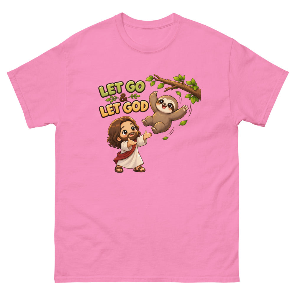 Cartoon sloth falling from a branch toward Jesus with the words Let Go And Let God on a Azalea shirt