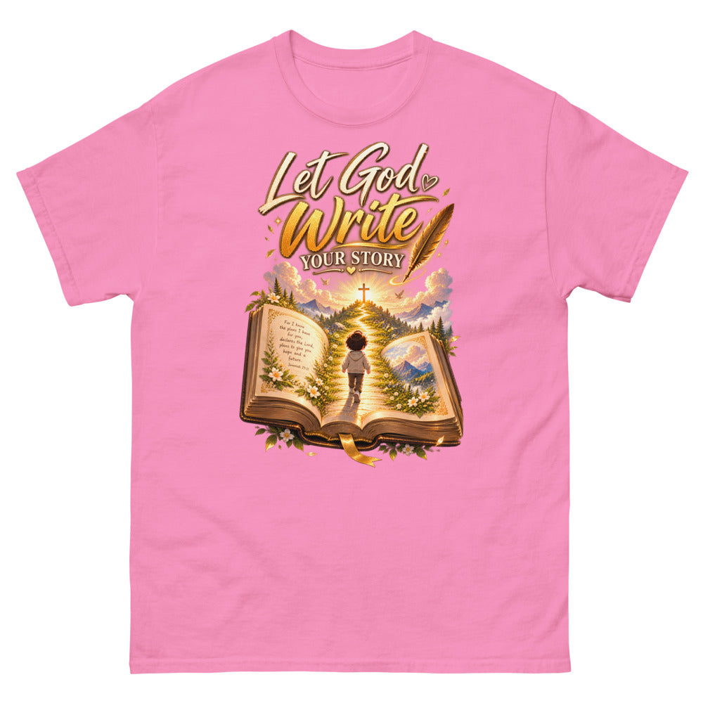 Open Bible with a child walking toward a cross and the words Let God Write Your Story on a Azalea shirt