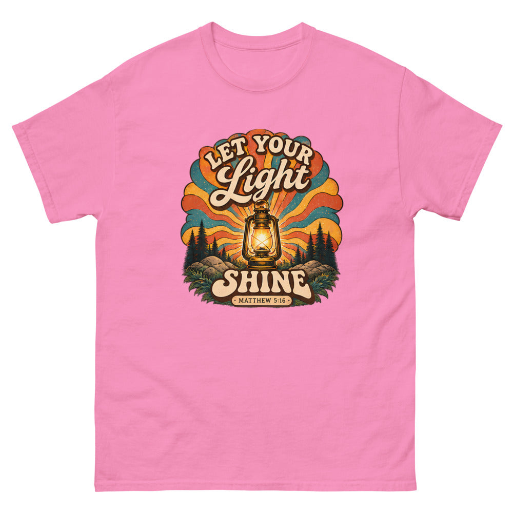 Retro lantern glowing against sunburst rays reading Let Your Light Shine on a Azalea shirt