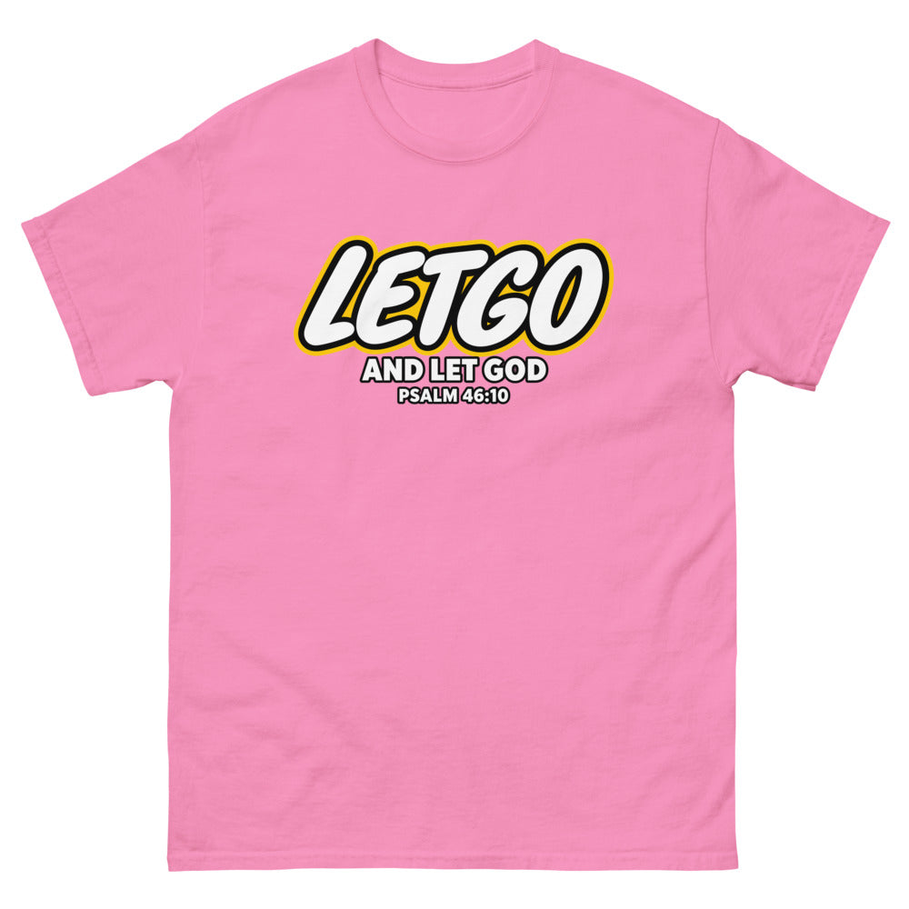 Toy brick logo parody reading Letgo and Let God, Psalm 46:10 on a Azalea shirt