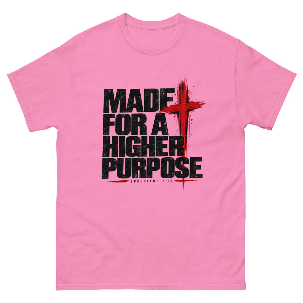 Heavy black caps with a red brush cross reading Made For A Higher Purpose on a Azalea shirt