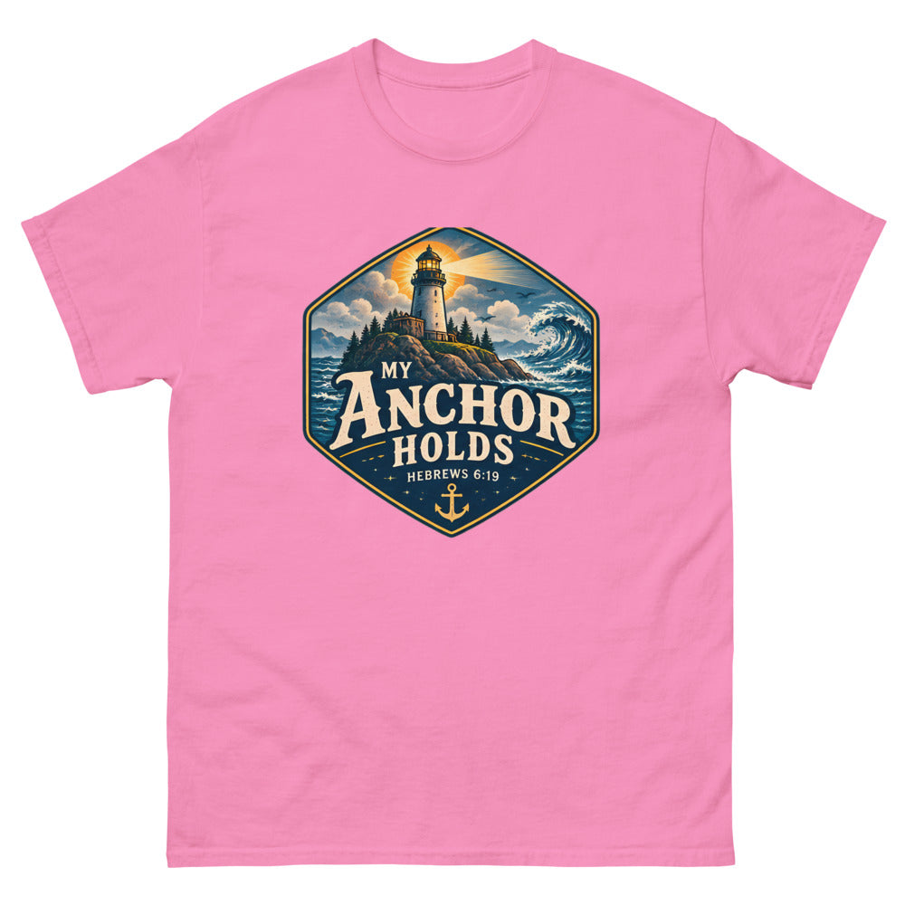 Navy hexagon badge with a lighthouse and wave reading My Anchor Holds on a Azalea shirt
