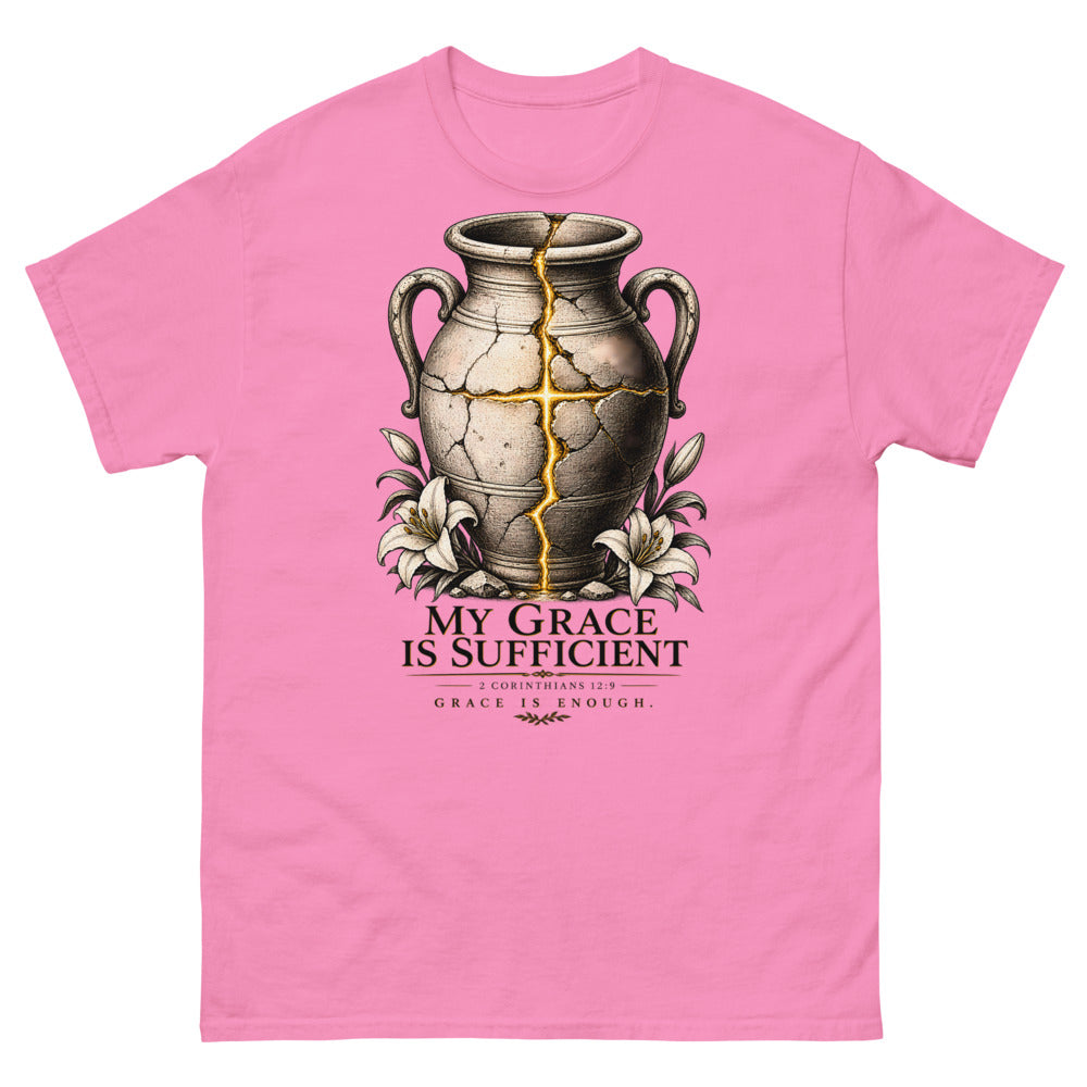 Cracked vessel repaired with gold seams forming a cross, reading My Grace Is Sufficient on a Azalea shirt