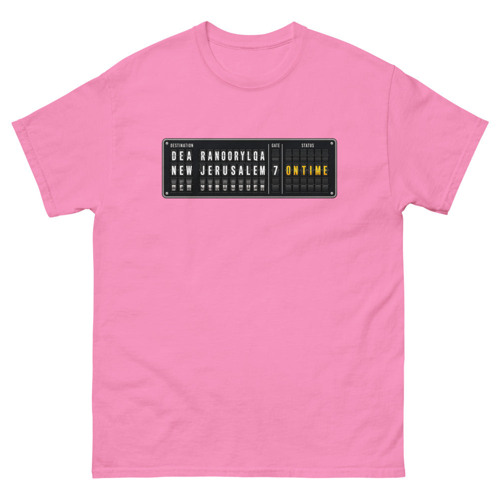 Split flap departure board reading New Jerusalem, gate 7, on time on a Azalea shirt