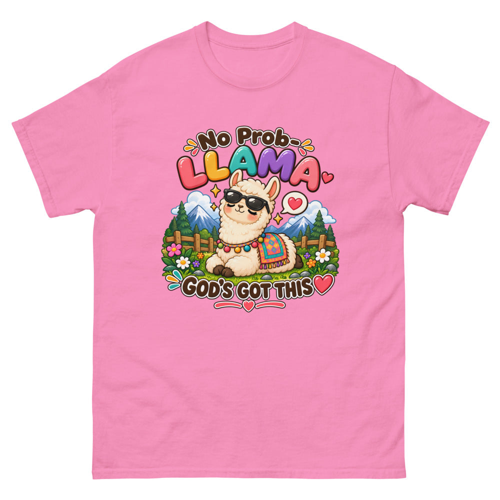 Cartoon llama in sunglasses with the words No Prob-Llama God's Got This on a Azalea shirt