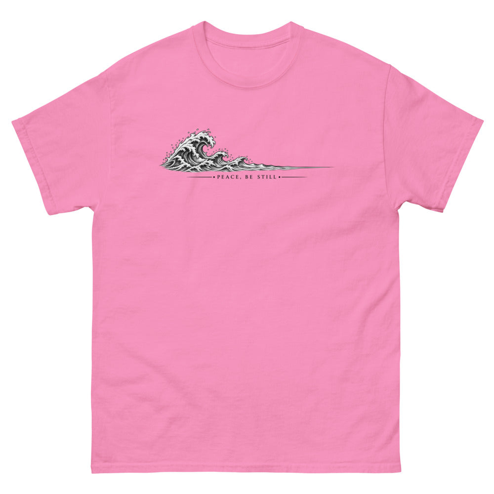 Engraved line art wave with the words Peace Be Still on a Azalea shirt