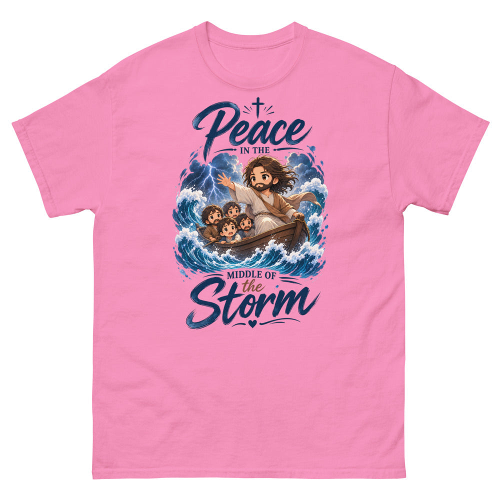 Chibi Jesus calming a storm in a boat with the words Peace In The Middle Of The Storm on a Azalea shirt