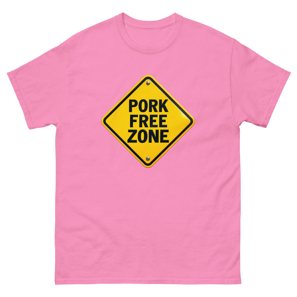 Yellow diamond road sign reading Pork Free Zone on a Azalea shirt