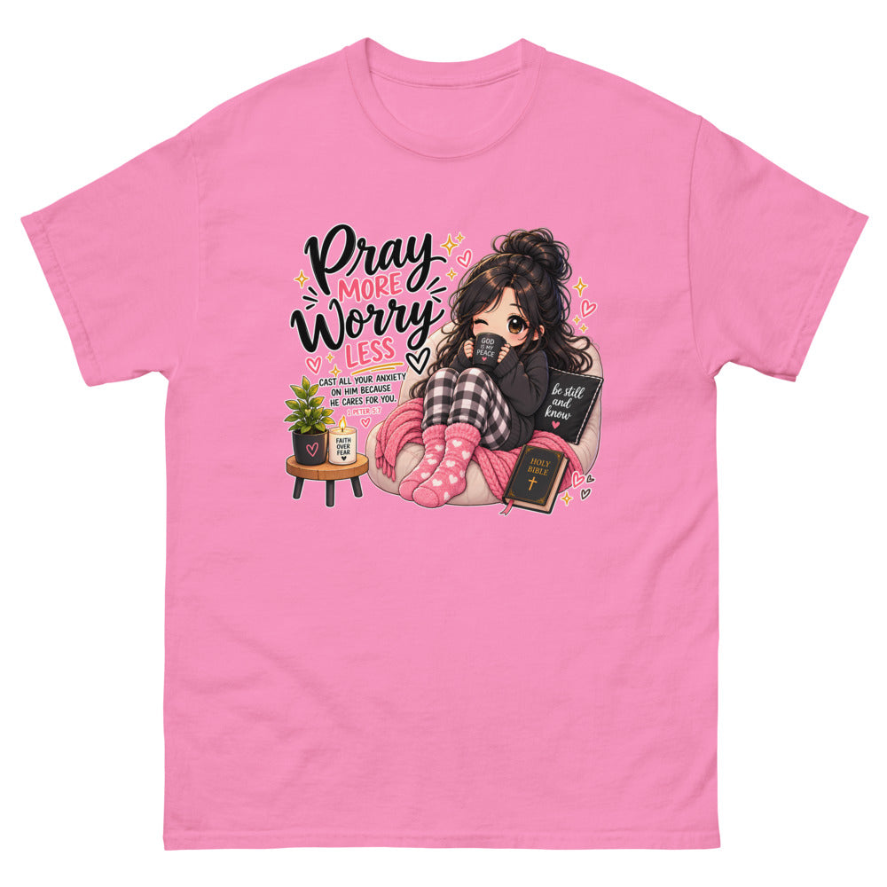 Cozy chibi girl with a mug and Bible with the words Pray More Worry Less on a Azalea shirt