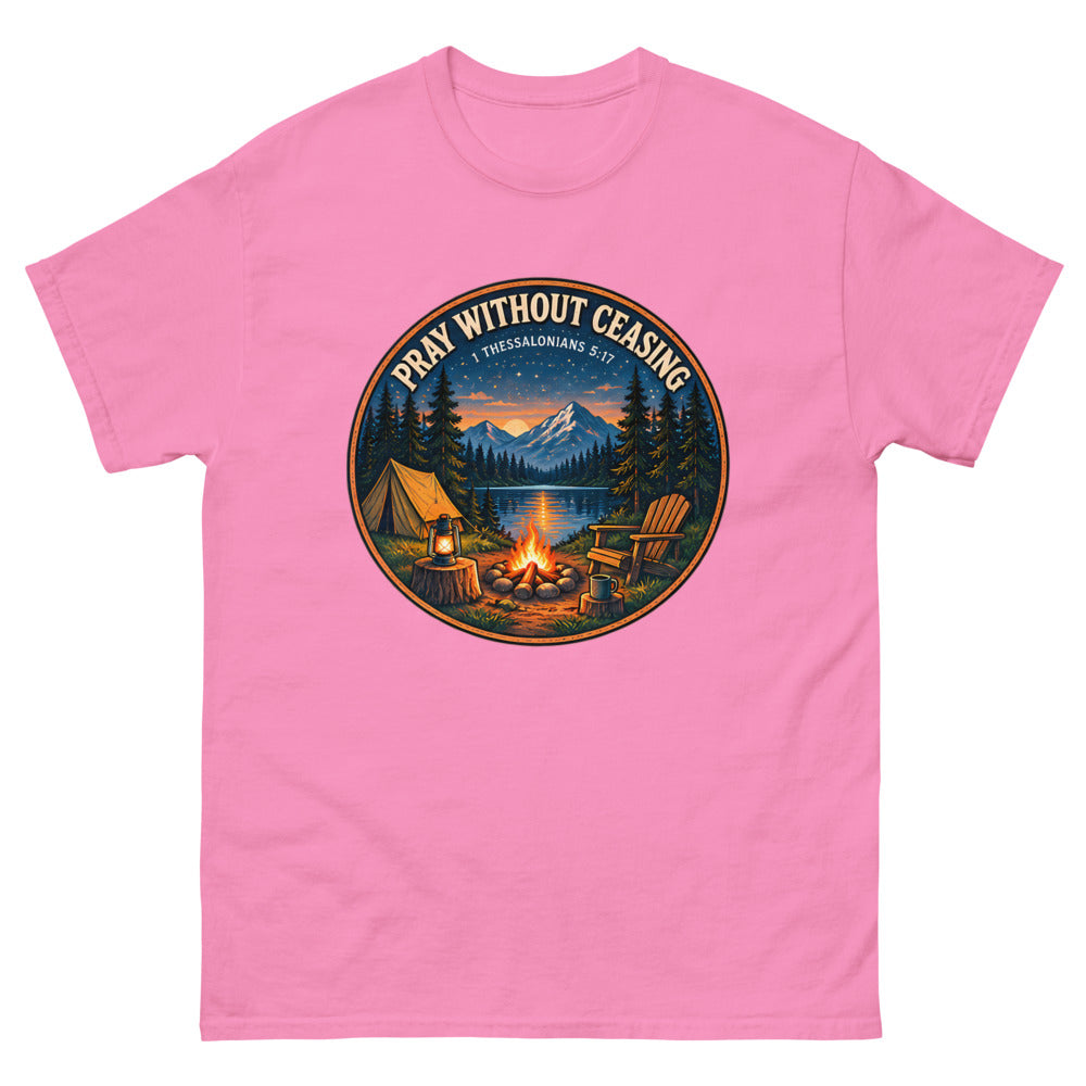 Round campfire and tent badge at night reading Pray Without Ceasing on a Azalea shirt