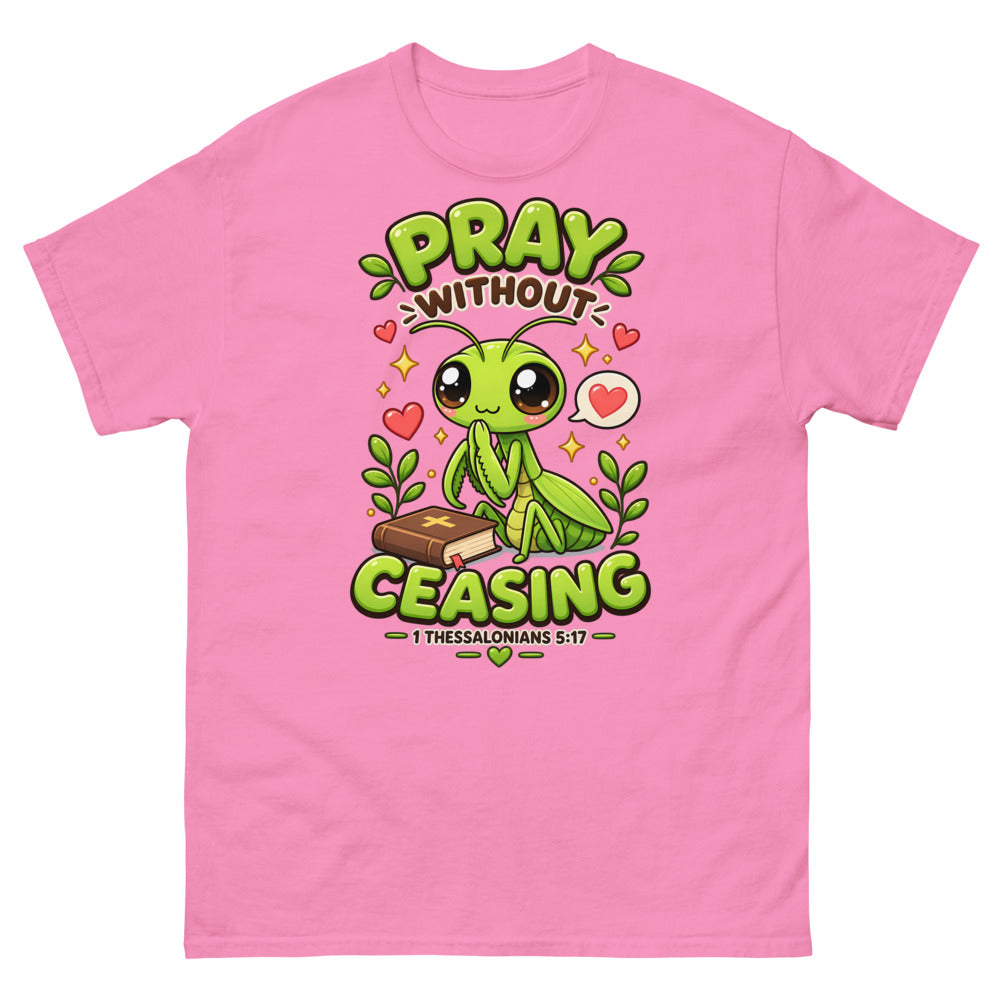 Cartoon praying mantis with a Bible and the words Pray Without Ceasing on a Azalea shirt