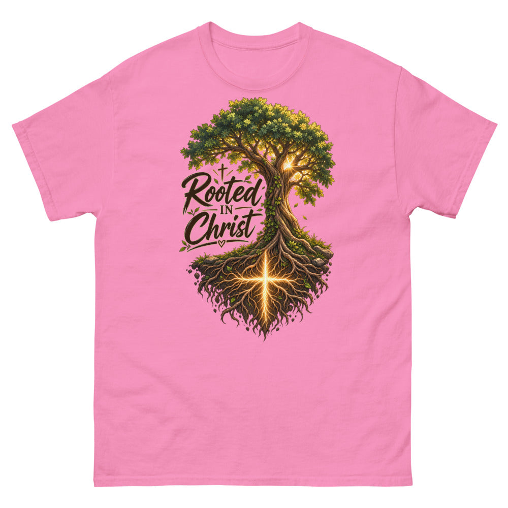 Detailed tree with a glowing cross in its roots and the words Rooted In Christ on a Azalea shirt