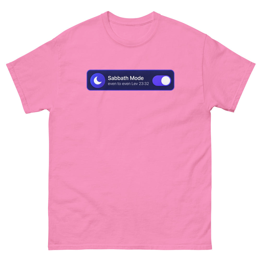 Phone settings toggle switched on reading Sabbath Mode, even to even on a Azalea shirt