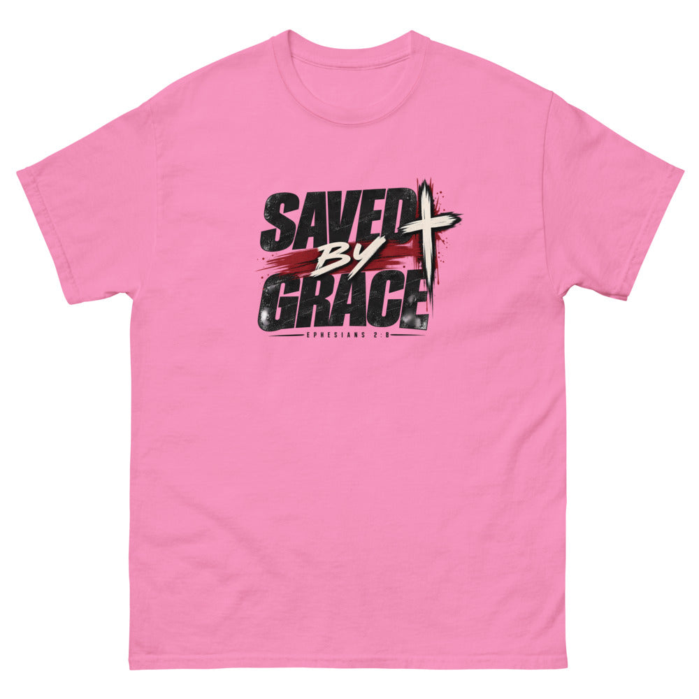 Streetwear lettering with a red brush stroke and cross reading Saved By Grace on a Azalea shirt