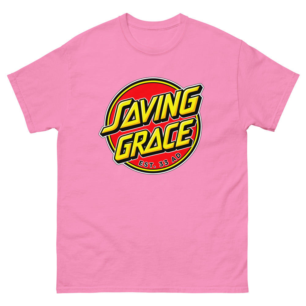 Red circle skate logo reading Saving Grace, Est. 33 AD on a Azalea shirt