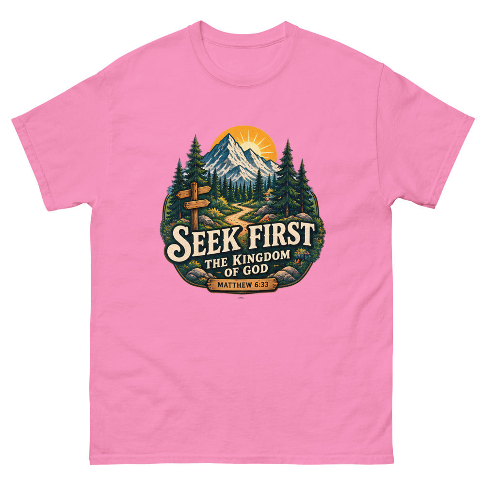 Vintage trail badge with mountains and a signpost reading Seek First The Kingdom Of God on a Azalea shirt