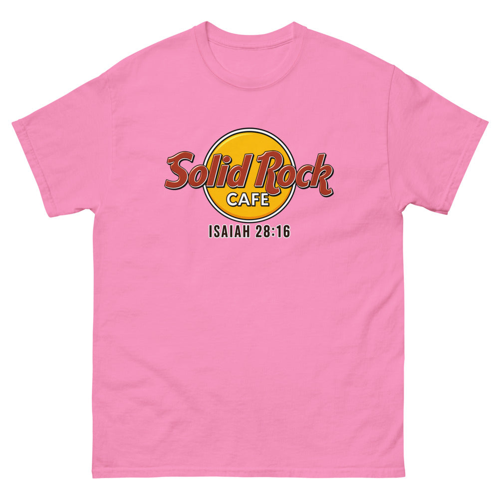 Gold roundel reading Solid Rock Cafe with Isaiah 28:16 on a Azalea shirt