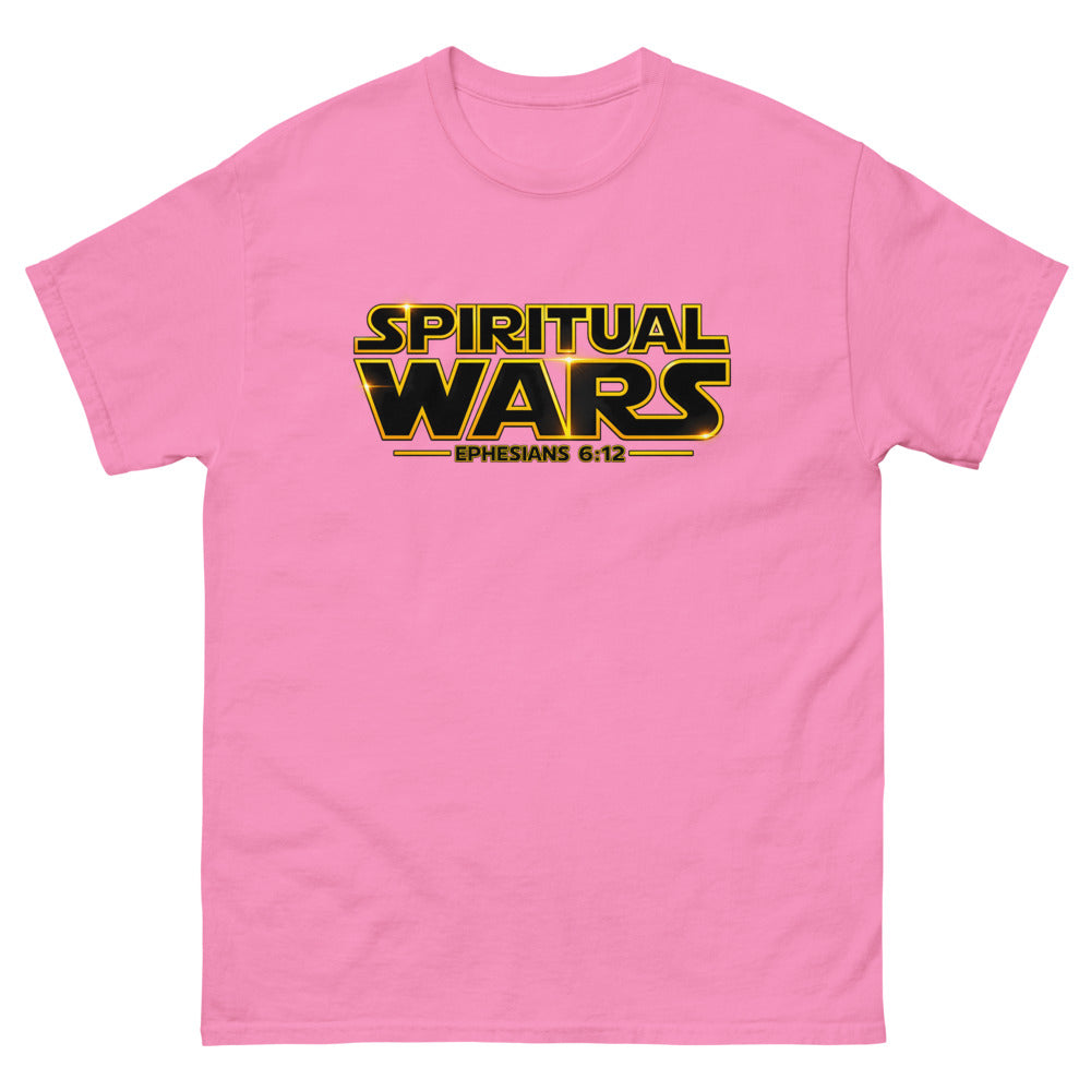 Film logo parody reading Spiritual Wars with Ephesians 6:12 on a Azalea shirt