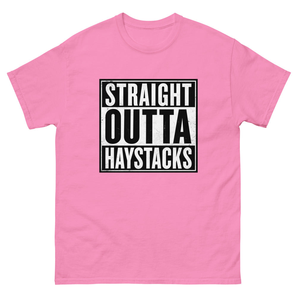 Distressed block lettering reading Straight Outta Haystacks on a Azalea shirt