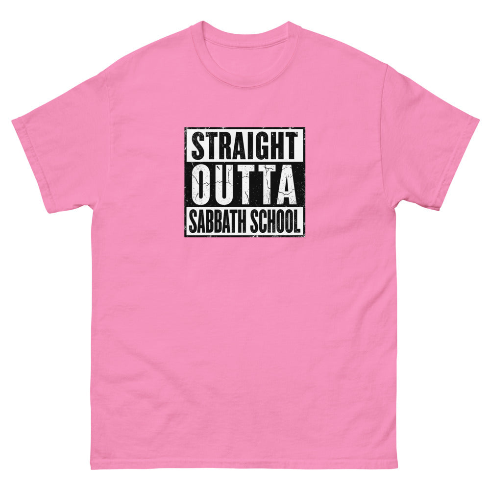 Distressed block lettering reading Straight Outta Sabbath School on a Azalea shirt