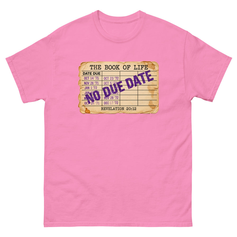Vintage library due date card headed The Book Of Life stamped No Due Date on a Azalea shirt