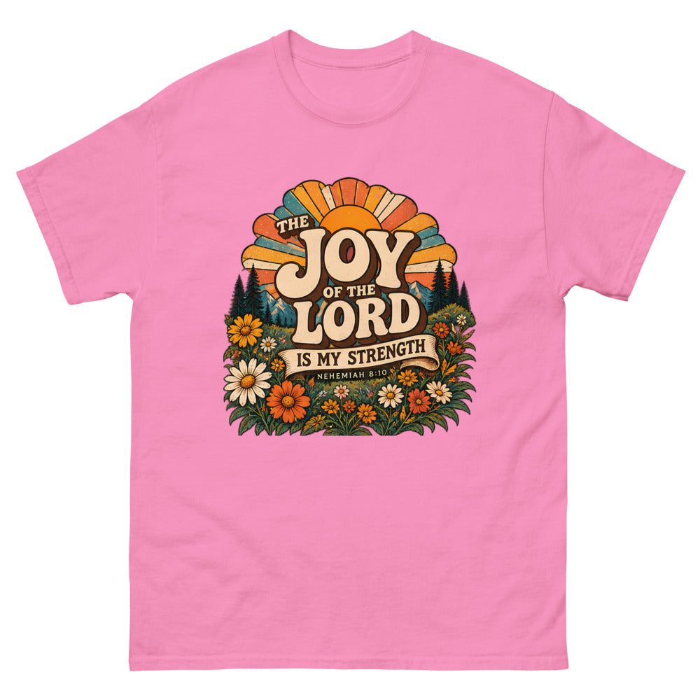 Retro sunburst and wildflowers reading The Joy Of The Lord Is My Strength on a Azalea shirt