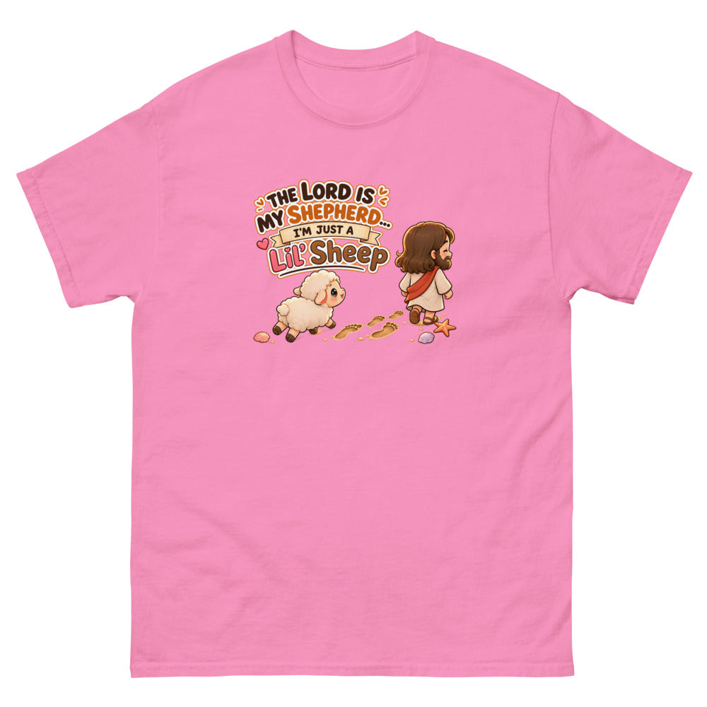 Chibi Jesus walking ahead of a little sheep with the words The Lord Is My Shepherd I'm Just A Lil Sheep on a Azalea shirt