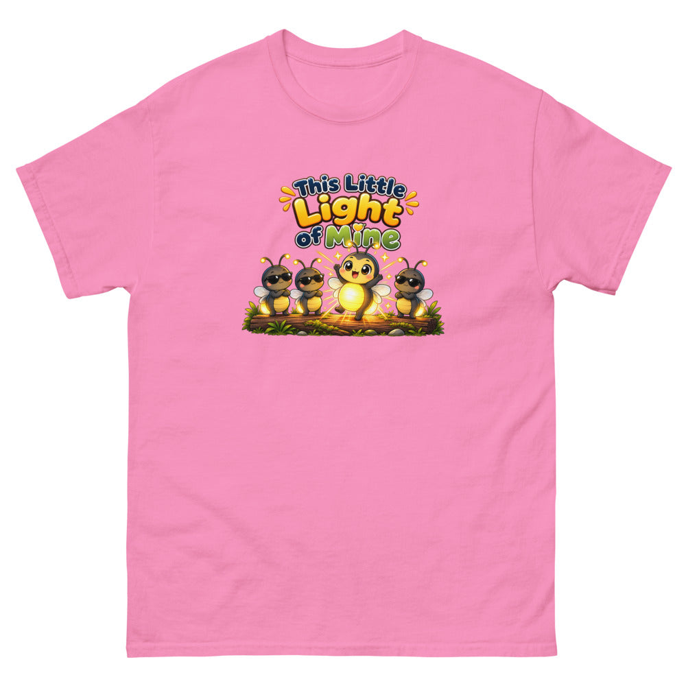 Glowing cartoon firefly with three others in sunglasses and the words This Little Light Of Mine on a Azalea shirt