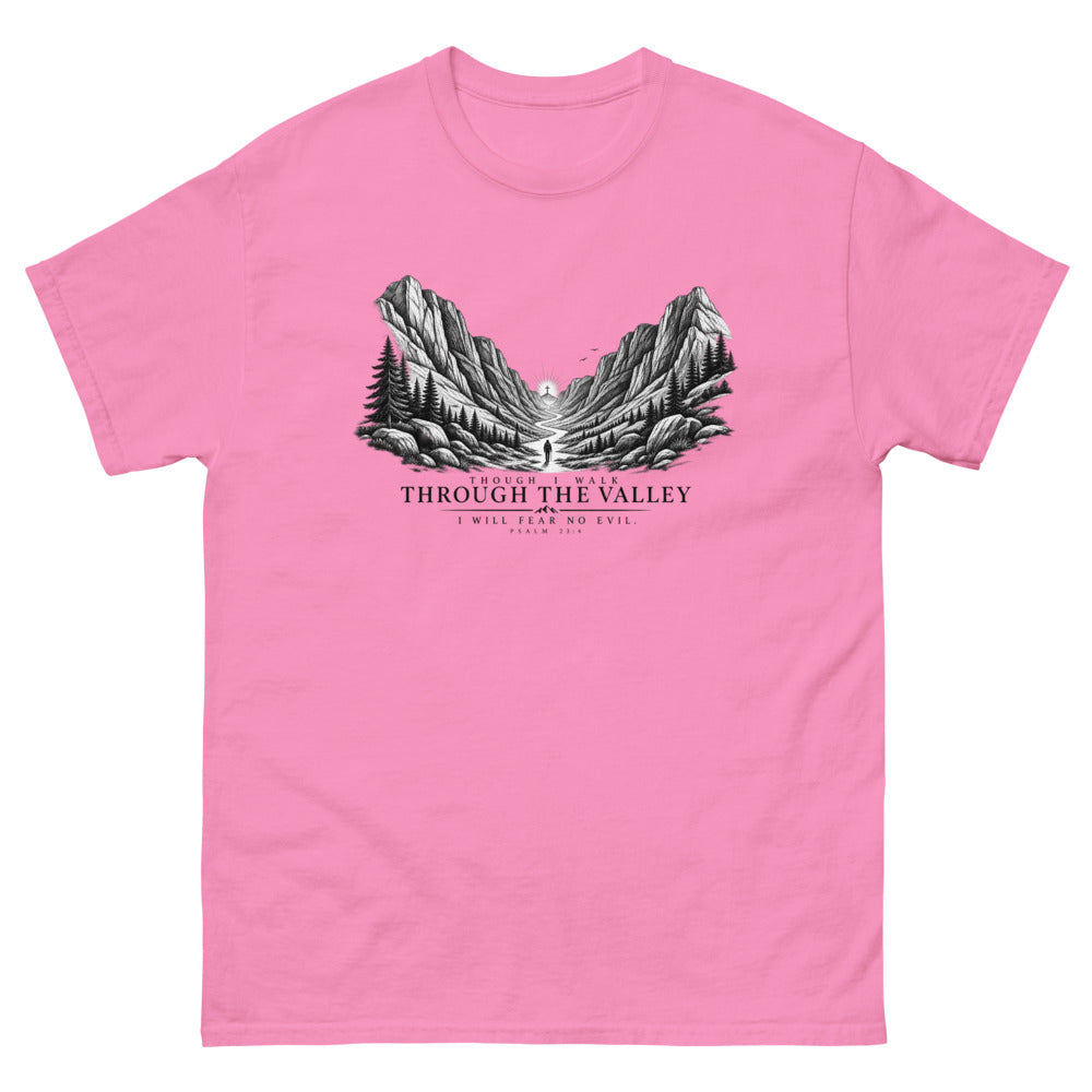 Engraved mountain valley with a lone figure reading Though I Walk Through The Valley I Will Fear No Evil on a Azalea shirt
