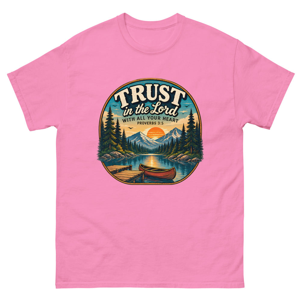 Round lakeside badge with a canoe and dock reading Trust In The Lord With All Your Heart on a Azalea shirt