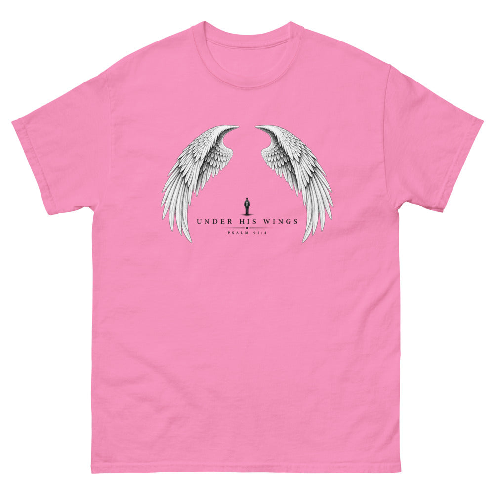 Line art angel wings with a small figure between them and the words Under His Wings on a Azalea shirt