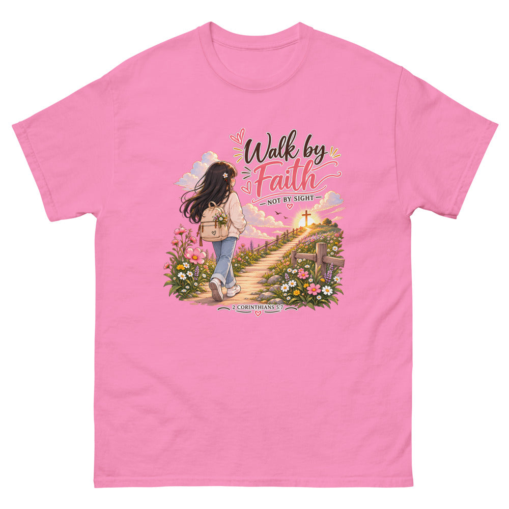 Chibi girl walking a flower-lined path toward a cross with the words Walk By Faith Not By Sight on a Azalea shirt