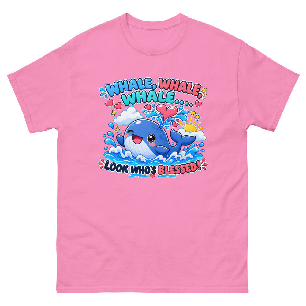 Cartoon whale spouting hearts with the words Whale Whale Whale Look Who's Blessed on a Azalea shirt