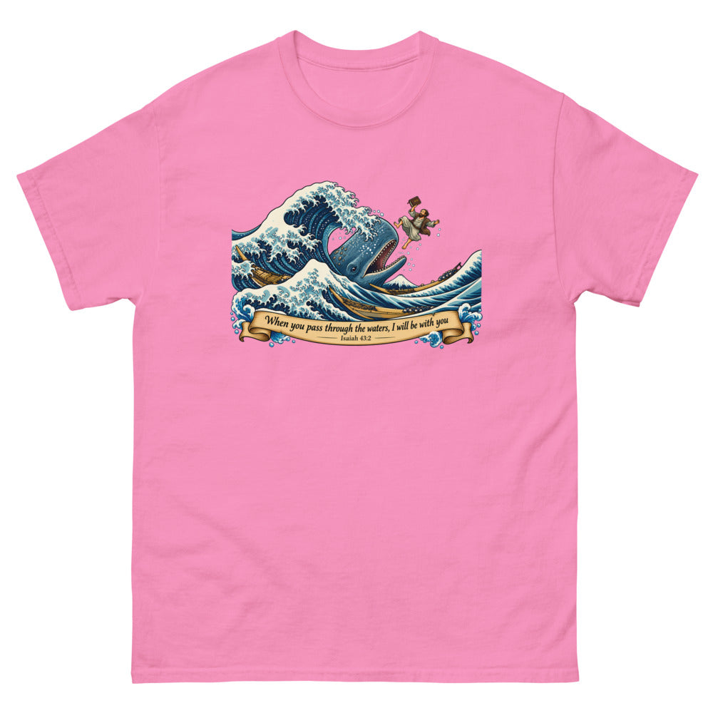 Woodblock style great wave with Jonah and a whale and the words When you pass through the waters I will be with you on a Azalea shirt