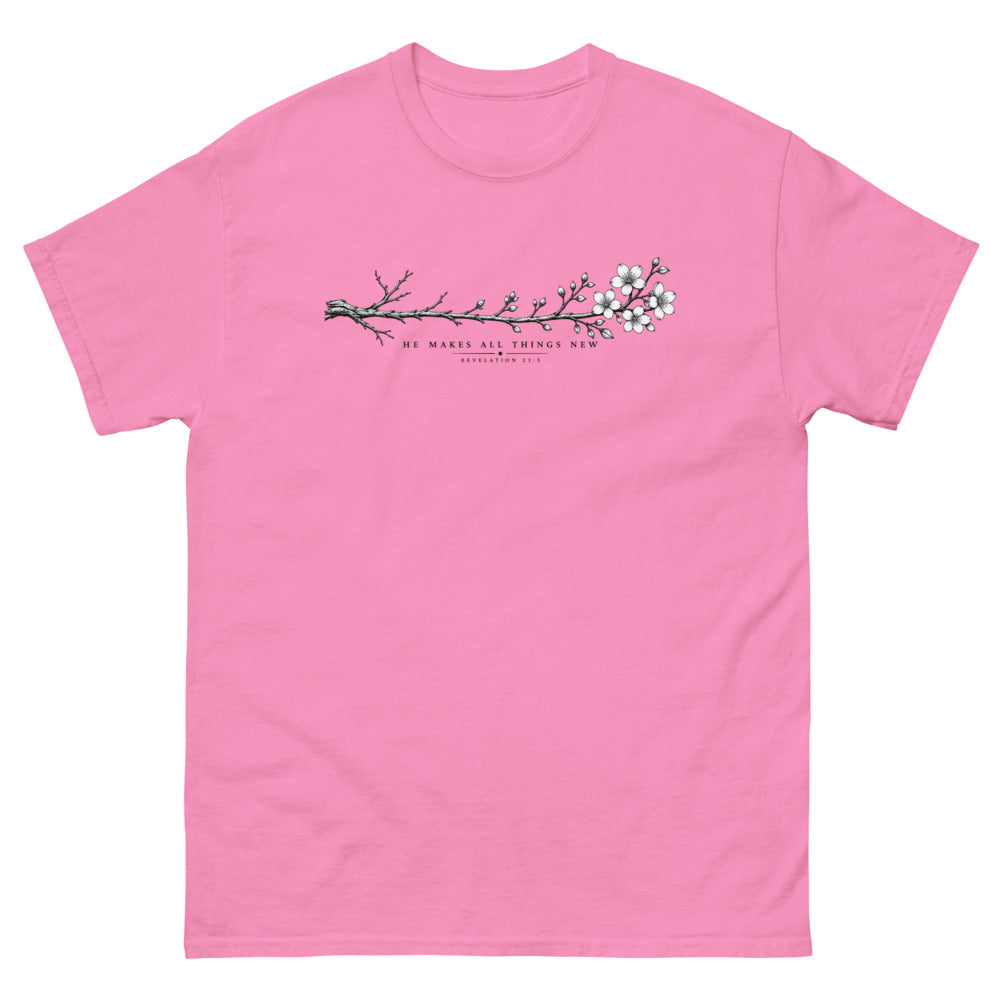 Line art branch flowering from bare to bloom with the words He Makes All Things New on a Azalea shirt