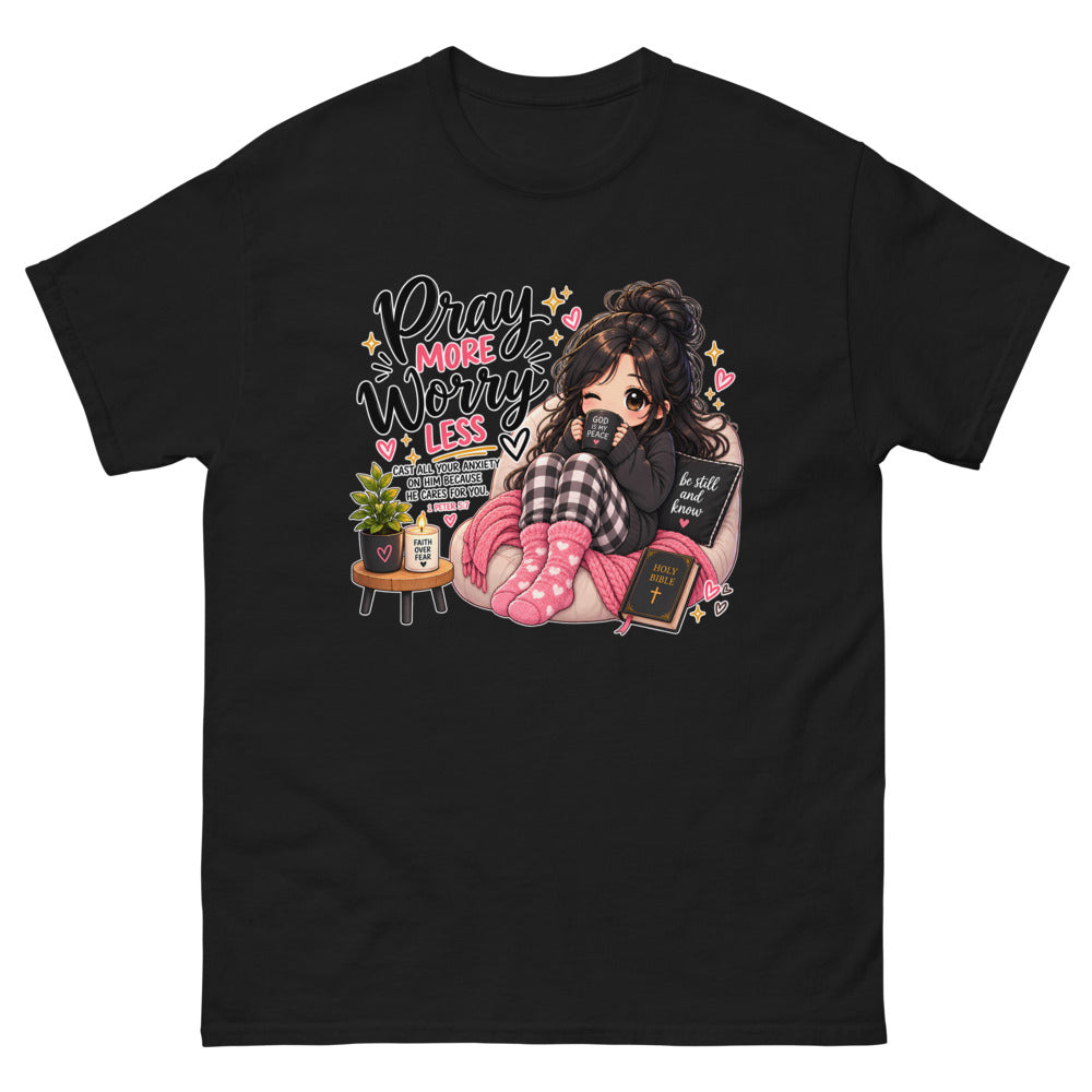 Pray More Worry Less Cozy Chibi T-Shirt | colour: Black