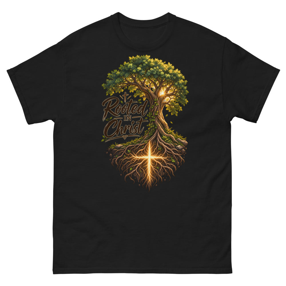 Rooted In Christ Tree T-Shirt | colour: Black