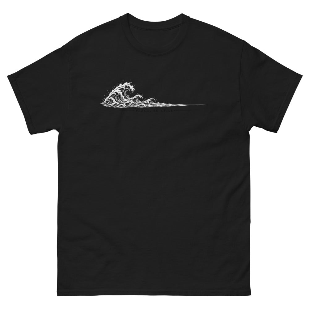 Peace Be Still Wave Line Art T-Shirt | colour: Black